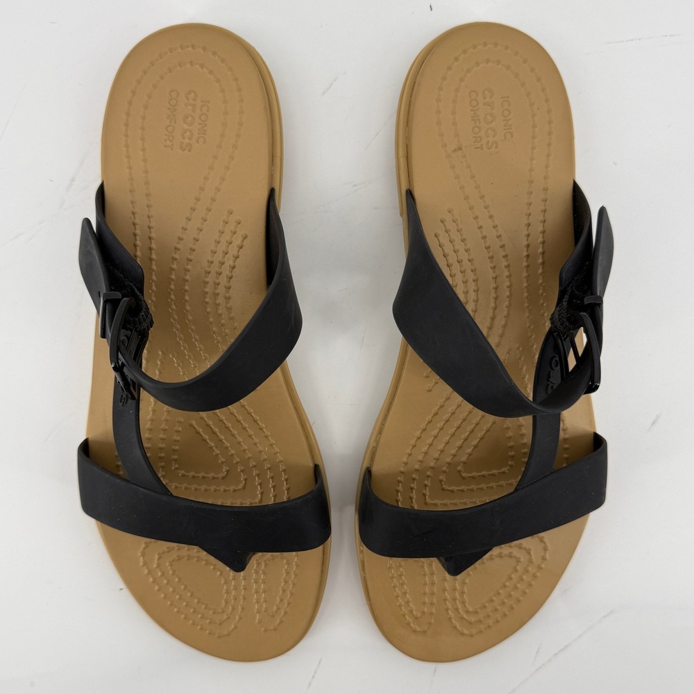 Crocs Tulum Toe Post Toe Sandal Black Tan Women 8 Strappy Slip On Flip Flop - Picture 4 of 9